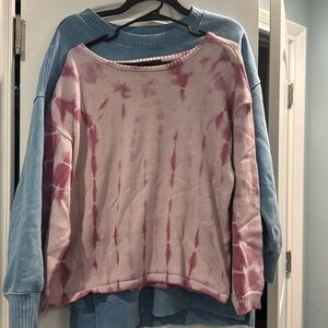 Two-pack! Large. Blue SO oversized split-side sweatshirt + pink tye dye sweater